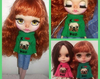 I Love Pug Sweater for dolls. Handmade pull for Blythe, Licca, Pure Neemo and other similar Sized dolls.
