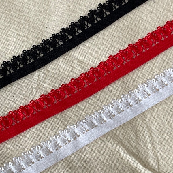 Picot Elastic  White, Black or Red,  5  Yards by 1/2 Inch - 13mm wide.  Thin for Undergarments, dolls, crafts, Hair bands.