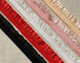 Picot  Elastic Ruffle 5 colours black, white, beige, pink red.   by the 5 Yard , 5/8  Inch Wide.  Undergarments, dolls, crafts, Hair bands.