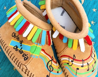 Custom Hand-Painted Ob-la-di Ob-la-da Beatles Guitar Music Notes Baby Moccasins