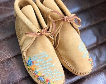 Custom Hand-Painted Wildflowers and song lyrics and vows, Bridal Moccasins Boho Bride Wedding Shoes Free Range Mama