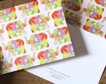 Indian Elephant Art Card, pack of 5, 4x5.5 Free Range Mama Lindsay Stewart Stationery