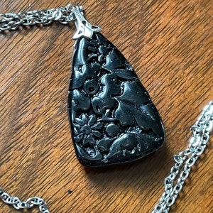 Floral Carved Obsidian Pendant Necklace - Handmade - Gifts for Her - Jewelry