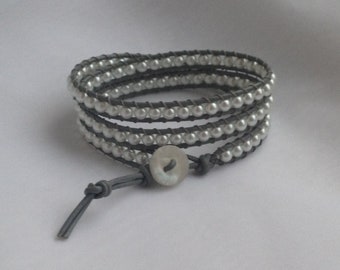 Gray Leather Wrap Bracelet