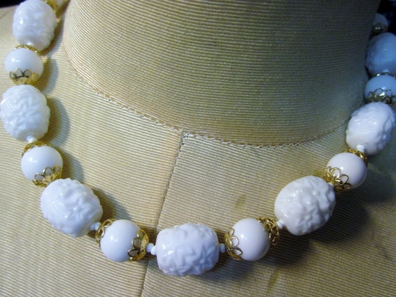 Vintage White Floral Beaded HONG KONG Necklace - image 1