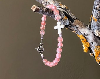 Light Pink Beaded Bracelet, with Small Cross Charm