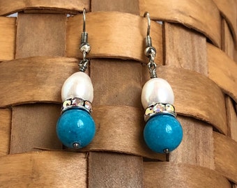 Turquoise and Pearl Dangle Earrings,