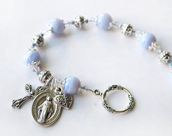 Miraculous Medal Rosary Bracelet, Genuine Blue Lace Agate and Swarovski Rosaries, Catholic Sacramentals, Confirmation Gifts, Wedding Jewelry