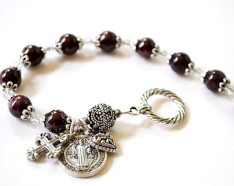 Saint Benedict Genuine Garnet Rosary Bracelet, Catholic Jewelry, Confirmation Gifts, Saint Benedict Gifts