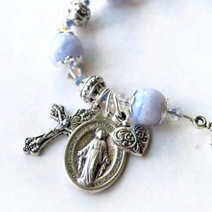 Miraculous Medal Rosary Bracelet, Genuine Blue Lace Agate Gemstone Rosaries, Catholic Sacramentals, Confirmation Gifts, Wedding Jewelry