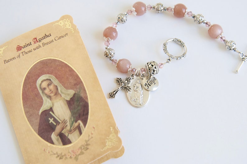 Saint Agatha Rosary Bracelet with Novena, Patron Saint of those Struggling with Breast Cancer, Catholic Jewelry, Moonstone Rosary Bracelets image 6