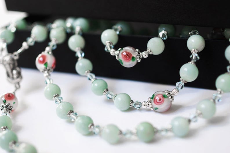 Stunning Heirloom Catholic Rosary with Genuine Amazonite and Handblown Czech Lampwork Beads and Swarovski Crystals, Sacramental Gifts image 2