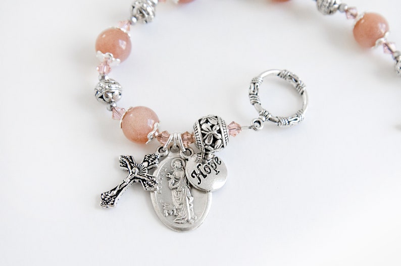 Saint Agatha Rosary Bracelet with Novena, Patron Saint of those Struggling with Breast Cancer, Catholic Jewelry, Moonstone Rosary Bracelets image 2