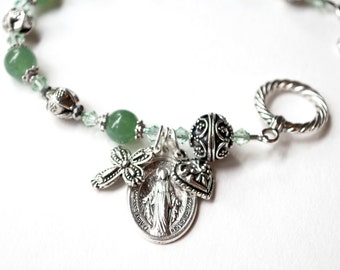 Beautiful Miraculous Medal Rosary Bracelet with Memorare Prayer, Catholic Jewelry, Confirmation Gifts, OCIA Gifts, Aventurine Stone Rosary