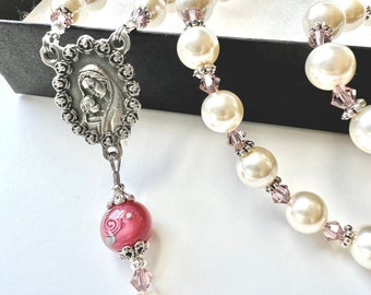 Beautiful Rosary with Swarovski Pearls and Handblown Czech Beads, Catholic Baptism, First Holy Communion, Confirmation Gifts