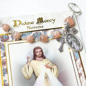 Beautiful Divine Mercy Rosary Bracelet with Novena Prayer Booklet, Moonstone Rosary Bracelet, Confirmation Gifts, Divine Mercy Catholic Gift