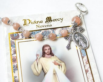 Stunning Divine Mercy Rosary Bracelet with Novena Booklet, Moonstone Rosary Bracelet, Catholic Jewelry, Confirmation Gifts, Prayer Beads