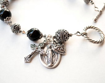 Beautiful Miraculous Medal Rosary Bracelet with Memorare Prayer Card, Catholic Jewelry, Confirmation Gifts, Genuine Onyx Rosaries