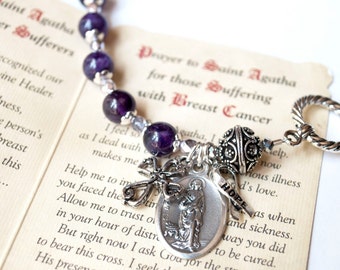 Saint Agatha Genuine Amethyst Rosary Bracelet, Thoughtful Gifts for those Struggling with Breast Cancer, Catholic Jewelry, Survivor Gifts
