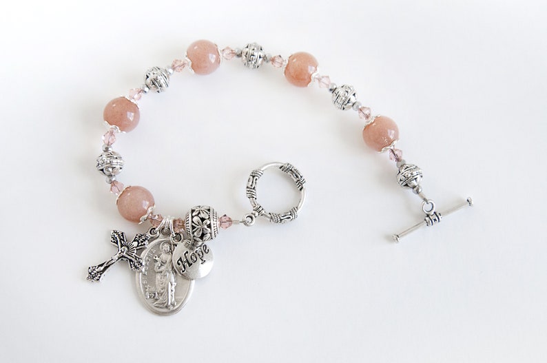 Saint Agatha Rosary Bracelet with Novena, Patron Saint of those Struggling with Breast Cancer, Catholic Jewelry, Moonstone Rosary Bracelets image 1