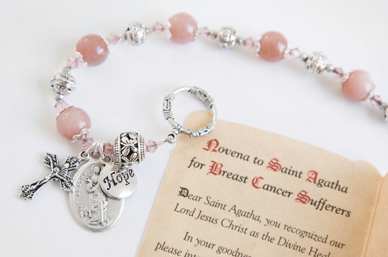 Saint Agatha Rosary Bracelet with Novena, Patron Saint of those Struggling with Breast Cancer, Catholic Jewelry, Moonstone Rosary Bracelets image 4