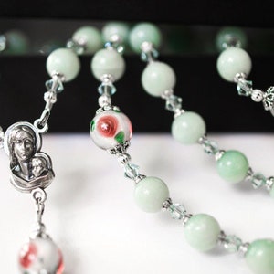 Stunning Heirloom Catholic Rosary with Genuine Amazonite and Handblown Czech Lampwork Beads and Swarovski Crystals, Sacramental Gifts image 1