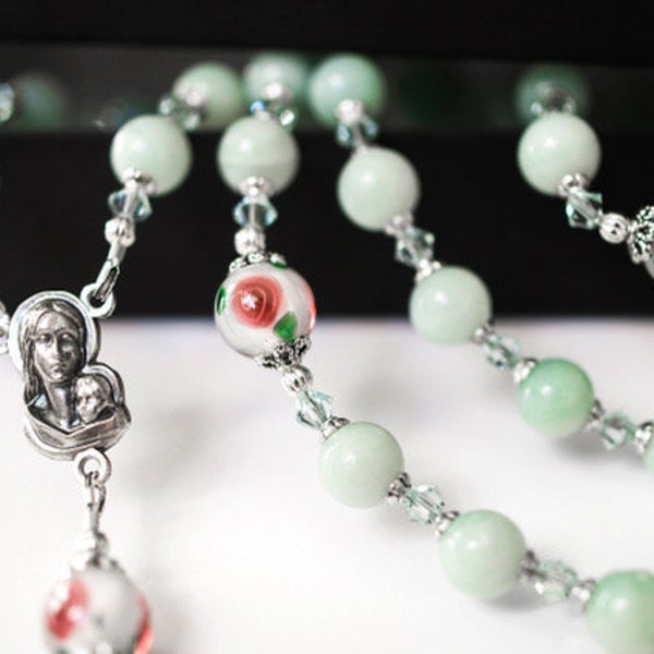 Stunning Heirloom Catholic Rosary with Genuine Amazonite and Handblown Czech Lampwork Beads and Swarovski Crystals, Sacramental Gifts