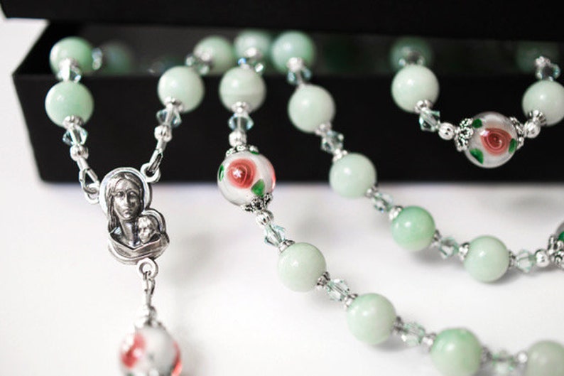 Stunning Heirloom Catholic Rosary with Genuine Amazonite and Handblown Czech Lampwork Beads and Swarovski Crystals, Sacramental Gifts image 1