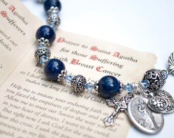 Saint Agatha Genuine Lapis Rosary Bracelet, Patron Saint of Those with Breast Cancer, Catholic Jewelry, Catholic Rosaries, Survivor Gifts