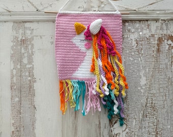 Wall hanging, crochet, unicorn