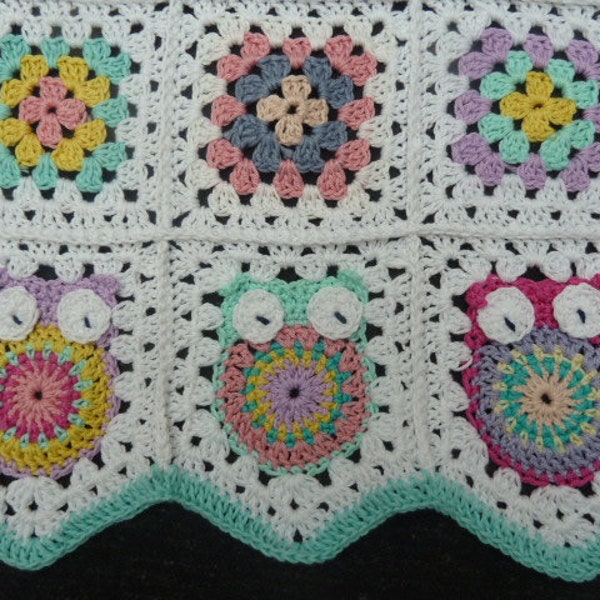 crochet baby blanket, owls, 100% cotton