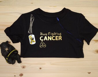 Kids/Toddler Port Shirt, "Busy Fighting Cancer". Cancer Fighter. Zippered shirt for easier port access during chemo infusions or lab draws