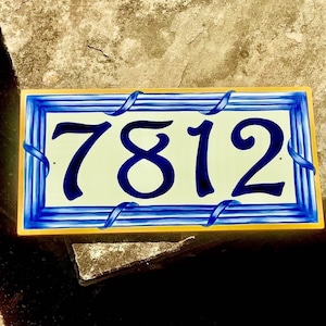 Hand Painted Italian Tile House Number Plaque, Cobalt Blue Frame