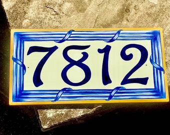 Hand Painted Italian Tile House Number Plaque, Cobalt Blue Frame