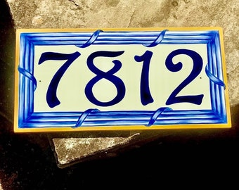 Hand painted house number plaque decorativeItalian tile. Door address sign, Housewarming gift for new homeowner. Garden and cottage tile