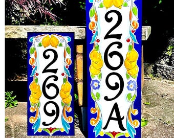 House Number Vertical, Hand Painted Personalized Address Italian Lemon Tiles, Custom Frost Proof Outdoor Sign, Housewarming Gift