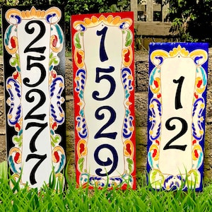 Vertical Italian beautiful house number plaques, very colorful, hand painted. Choose from 7 border colors and 3 sizes.