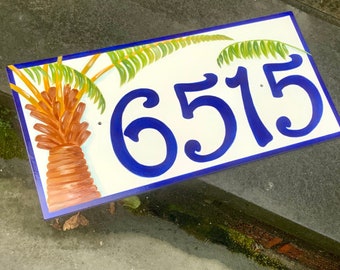 Choose any color border, Palm tree house number plaque, Street address sign, Frost proof ceramic house number, Name sign, Perfect gift