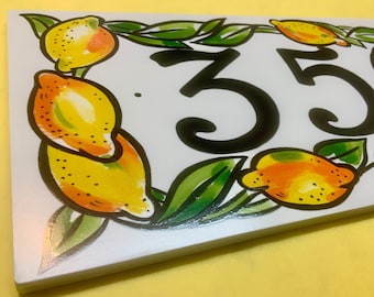 Lemon house number plaque, Hand painted address sign, Italian ceramics, Welcome sign, Name sign,