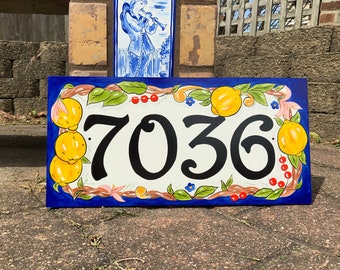 Lemon house numbers Italian ceramic address plaque, Personalized house sign, Hand painted ceramic house number, Front door family name sign