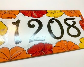 Hand Painted Hawaiian Hibiscus House Number Plaque