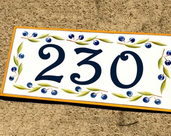 Olive branch, House number plaque, Hand painted ceramic tile plaque, Custom home address sign, House warming gift, Italian ceramics.