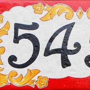 Unique Ceramic House Number plaque, Hand Painted Italian House Numbers, Porcelain Red and Yellow Decorative Tile, As Seen on HGTV Magazine