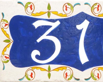 Ceramic house number, house number plaque, Italian house numbers design. cobalt blue wall decor, decorative house numbers, outdoor sign