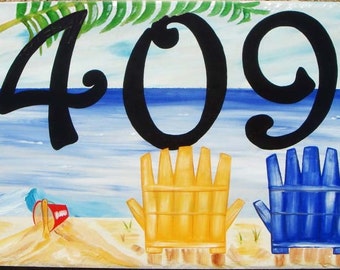 Numeri civici sulla spiaggia, Tropicale, Oceano, Palma, Numeri civici in ceramica, Segno del numero civico della spiaggia dipinto a mano con la palma.