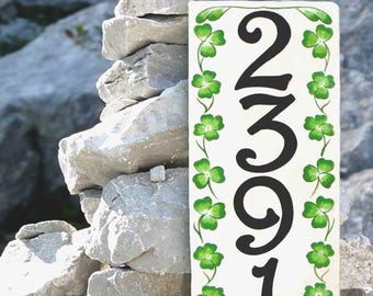 Vertical Clover house number plaque, Irish house numbers, porcelain house numbers, St Patricks Irish shamrock design,  green outdoor signs