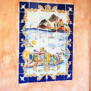 Hand Painted Tile Mural, Cobalt Blue Mediterranean Seascape, Kitchen Backsplash