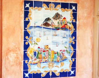 Kitchen backsplash, Decorative tile mural, Bathroom backsplash, Cobalt blue Italian hand painted wall mural. Indoor outdoor porcelain mural