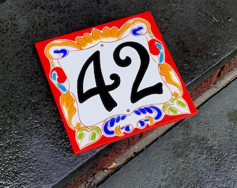 Hand Painted Ceramic House Number Plaque, Italian Tile, 8x8" Milan Red