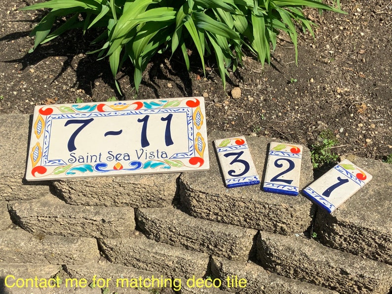 Italian ceramic house number plaque in an 8x16” size along with matching 3x6” individual decorative tiles.
